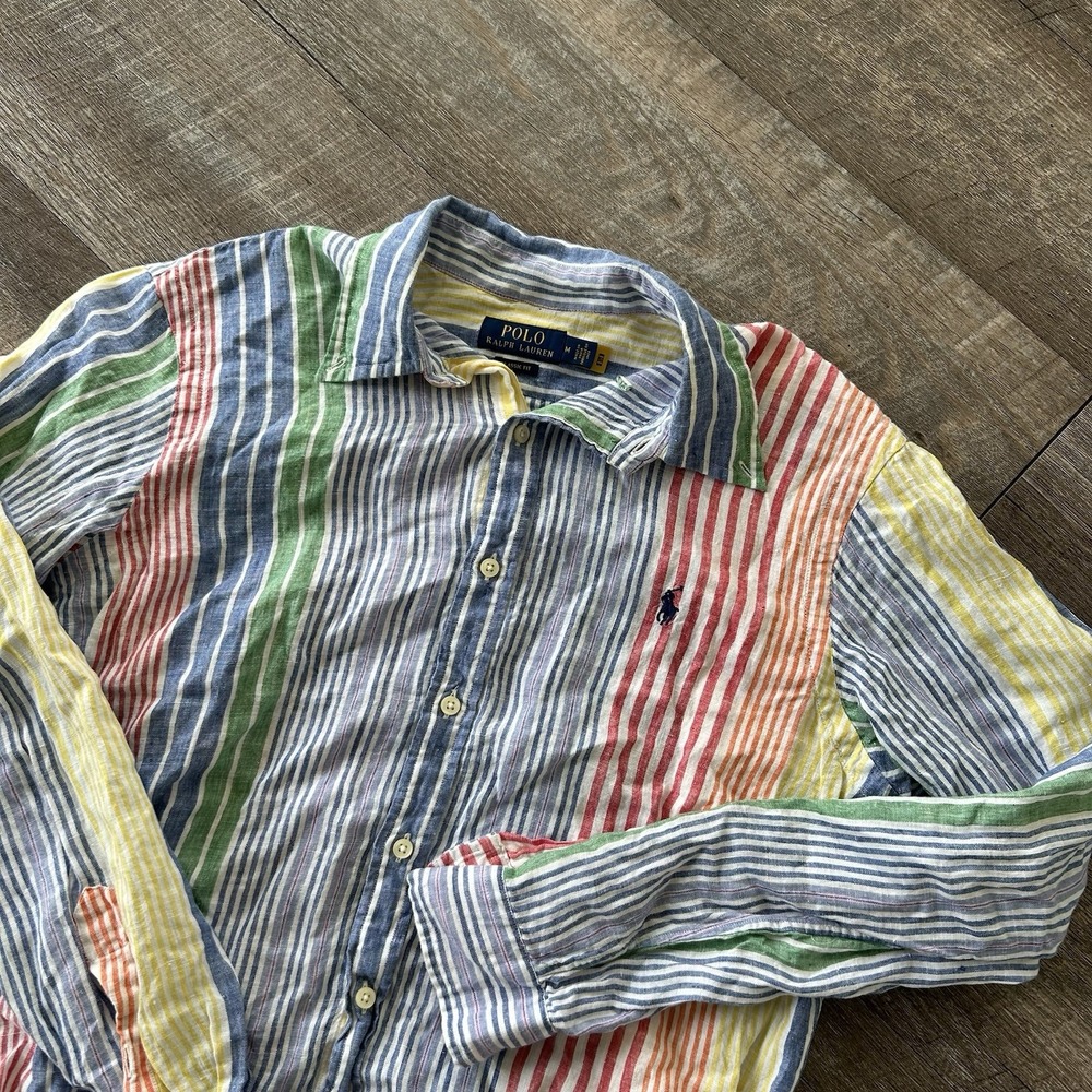 Polo Ralph Lauren Linen Shirt Medium Multi Madras Plaid Button Down Oxford Prep
